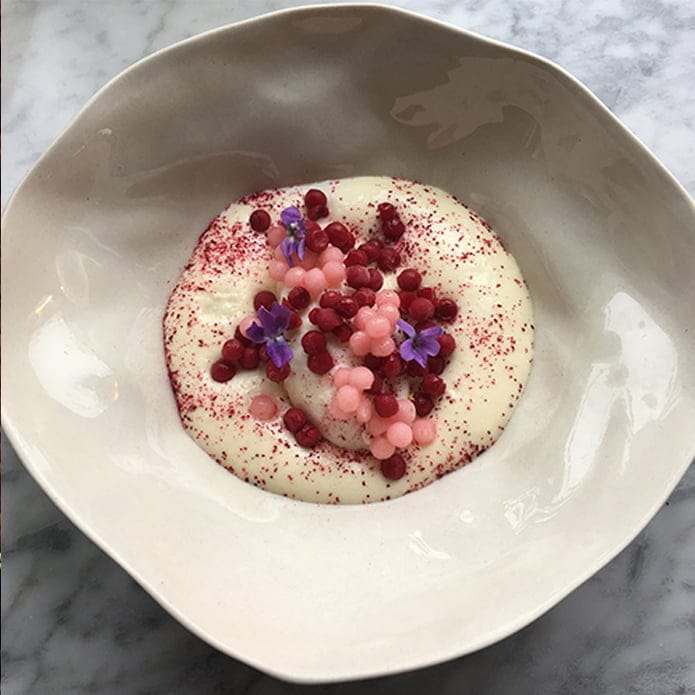 Yoghurtsorbet med vitchokladskum, hallon- & rabarberpärlor - Christoffer Magnusson Domeij