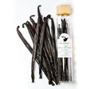 Grand Cru Vaniljstång Tahiti Vanilj 5st 16-18cm - Raiatea. Med en lägre halt vanillin ger det plats åt andra aromer som anis, blommor och fruktighet.
