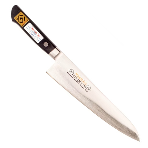 Masahiro MV-Pro Kockkniv 21 cm – gyuto i MBS-26 (58–59 HRC) med micartahandtag och bolster. 70/30-slipad, vass, balanserad och lätt att slipa för proffskök.