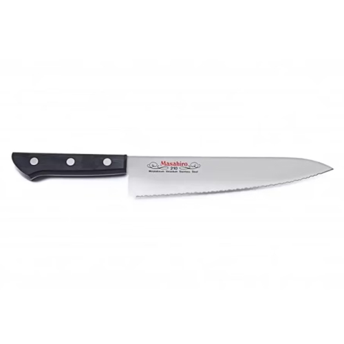 Masahiro MV Brödkniv 17,5 cm – tandad japansk brödkniv i MBS-26 (58–59 HRC) med pakkawood-handtag. Skär hårda skorpor rent utan att mosa inkråmet.