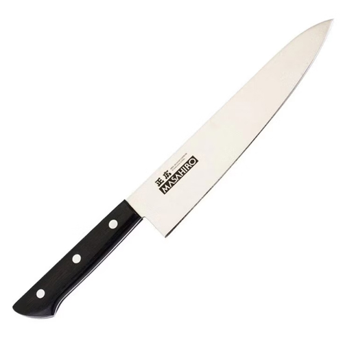 Masahiro SL Santoku 18 cm – superlätt japansk allroundkniv i MBS-26 (58–59 HRC) med pakkawood-handtag, 70/30-slipning och bladskydd (saya). Vass och lättslipad.