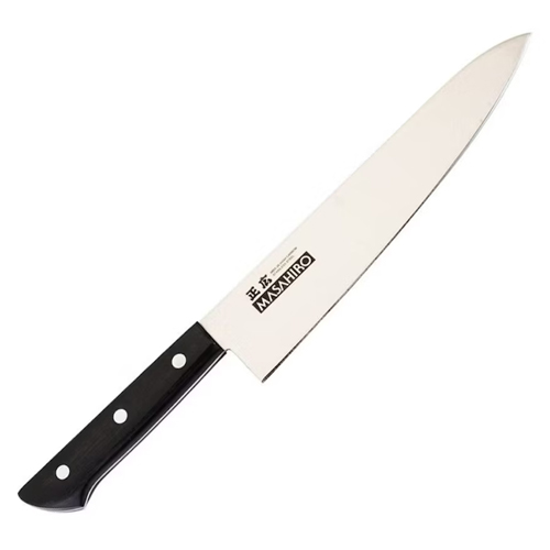 Masahiro SL Kockkniv 24 cm – superlätt gyuto i MBS-26 (58–59 HRC) med 70/30-slipning, pakkawood och saya. Lång räckvidd, vass och exakt för proffskök.